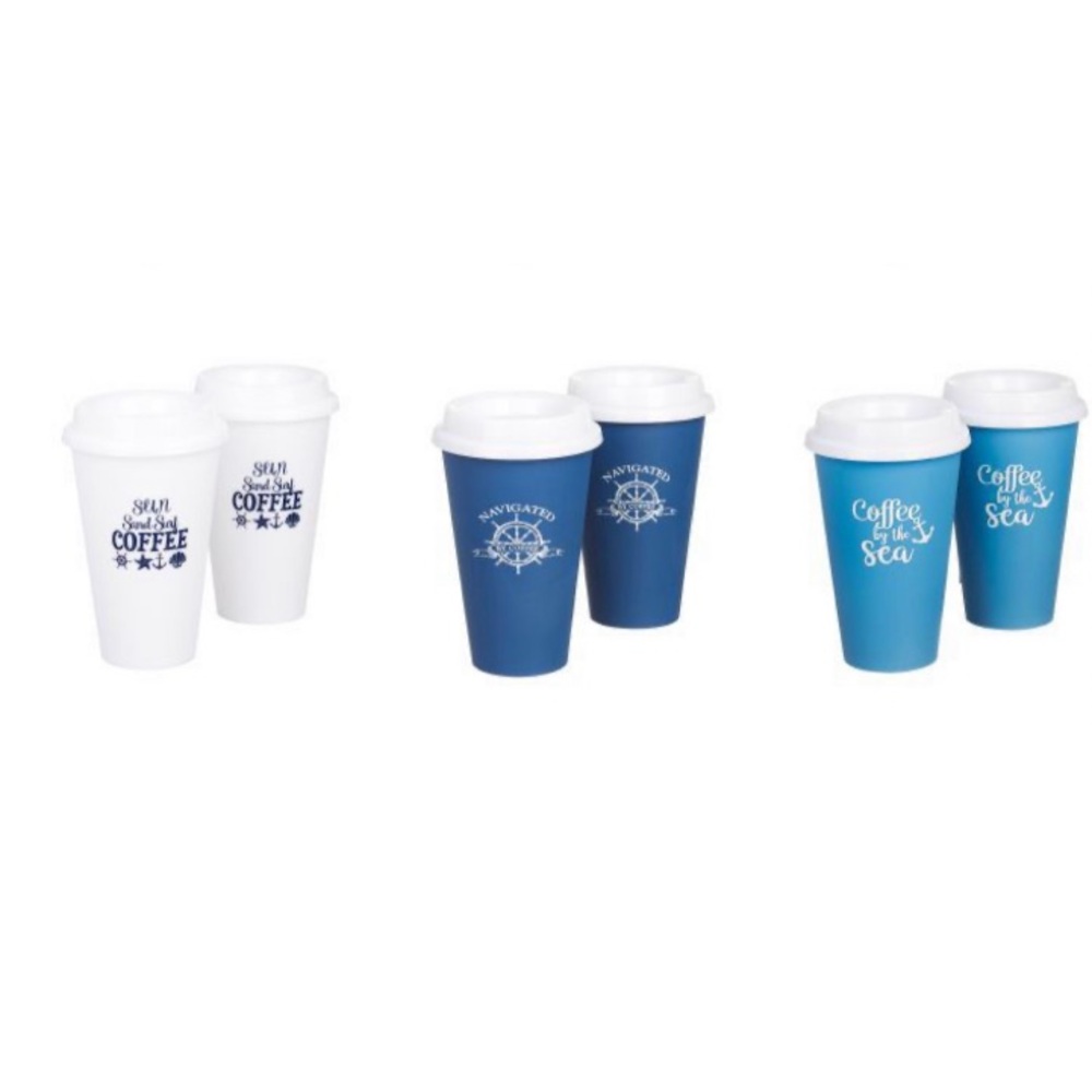 4/$20 Coffee To Go Printed Tumbler Assorted pack of 6 16oz white/blue
